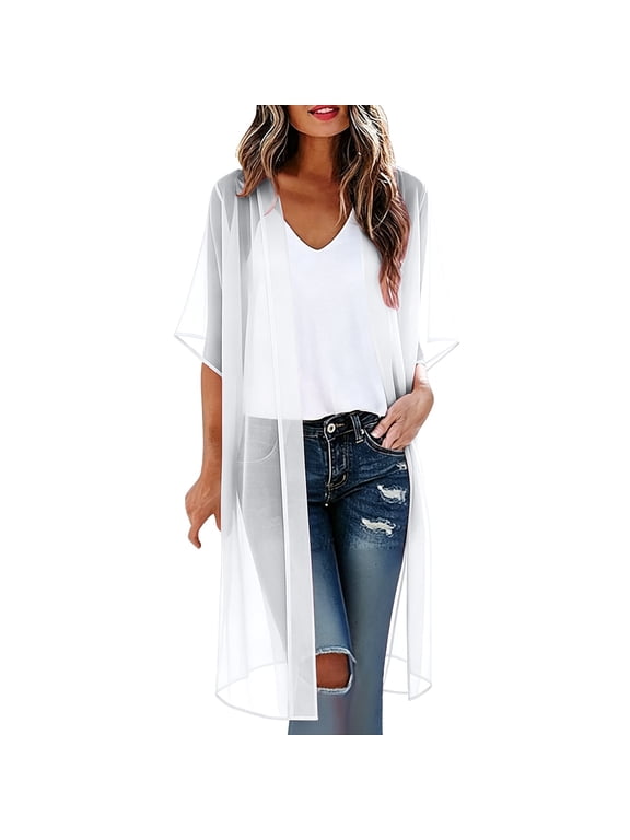 Short Sleeve Open Front Lightweight Kimono Duster Women Maxi Plain Casual Summer Beach Vacation Outerwear White L