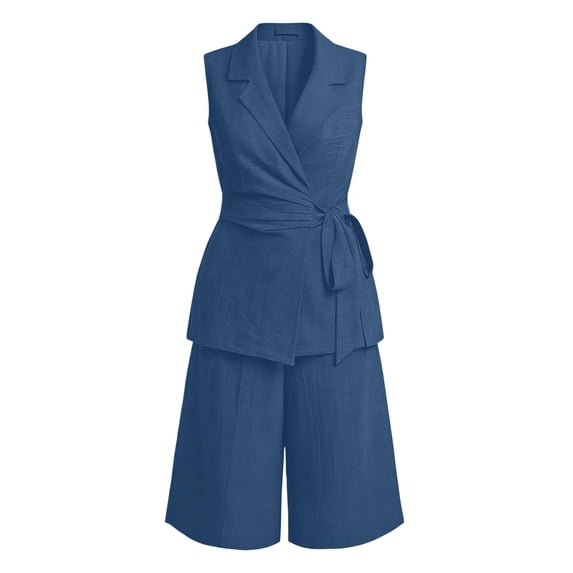 LEKODE Short Suit Set for Women 2 Piece Linen Lounge Sets Dressy Sleeveless Wrap V Neck Tie Waist Flowy Vest Tops High Waist Drawstring Shorts with Pockets Sky Blue L