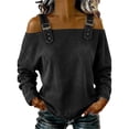 thumbnail image 1 of LEKODE Shoulder Denim Top Country Concert Outfits Adjustable Strap Women's Casual Vintage Washed Sexy Blouses Shoulder Denim Shirt cold shoulder tops sexy denim outfits for women Solid Black XL, 1 of 5