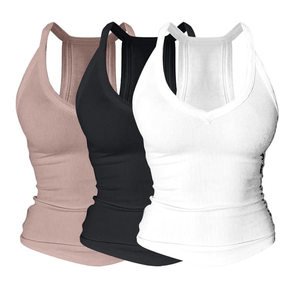 LEKODE Sleeveless Tops for Women 3 Piece Pack Built in Bra Tank Crewneck Camisole Tops Undershirts for Women Solid Tops Double Layer Fitted Tunic T-shirts Basic Tank Tops Womens Tops Yellow S