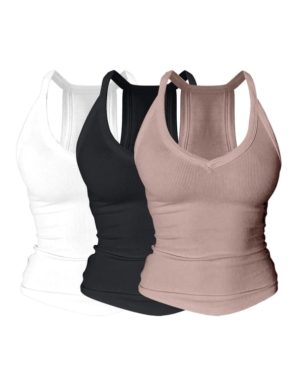 Sleeveless Tops for Women 3 Piece Pack Built in Bra Tank Crewneck Double Layer Fitted Flowy Blouses Camisole Tops Halter Tops Loose Fit Casual Shirts Solid Tops Shirts for Women Brown L