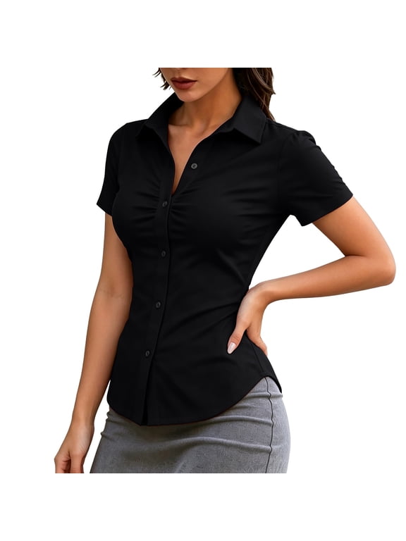 Slim Fit Collared Blouse for Women Short Sleeve Button Down Ruched Front Casual Top Black S