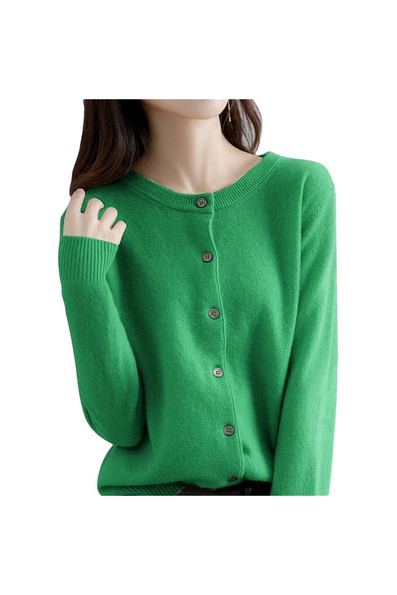 Soft Basic Knit Outer Cover Up for Women Crew Neck Long Sleeve Full Button Front Everyday Spring Office Casual Layering Tops C Green L