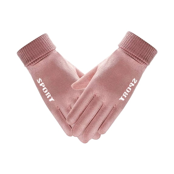 LEKODE Soft Fleece Winter Gloves, Full Finger Touch Screen Compatible, Ribbed Knit Cuff, Letter Print Detail for Cold‑Weather Daily Outfits D Pink One Size