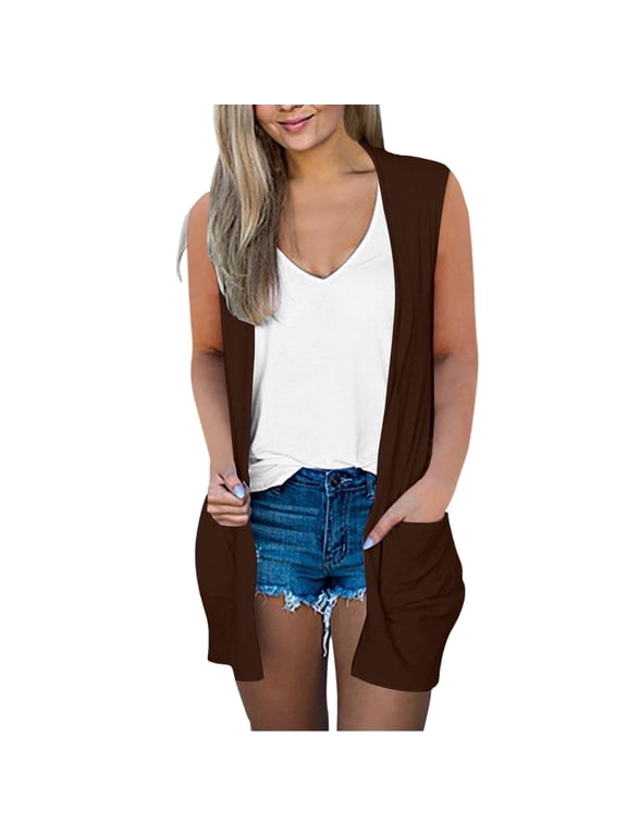 Soft Loose Knit Long Waistcoat for Women Sleeveless Open Front Side Storage Pockets Daily Casual Office Layering Vest Cardigan Brown 2XL