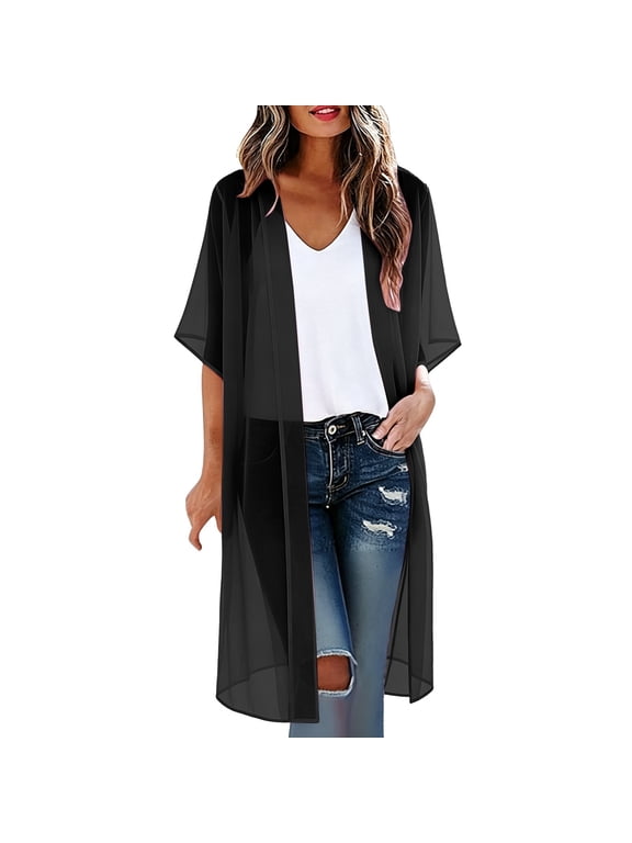 Solid Chiffon Short Sleeve Open Front Kimono Duster Women Maxi Length Plain Casual All Season Beach Vacation Outerwear Black 4XL