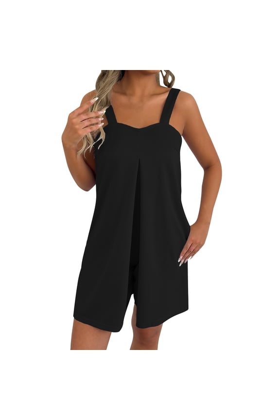 Spaghetti Strap Romper Womens Rompers for Summer Jumpsuits for Women Crop Tops Wide Leg Pant Sets Pants with Suspender Straps and Jumpsuit Linen Sets for Women 2 Piece Black L
