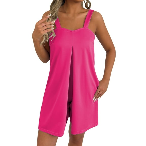 LEKODE Spaghetti Strap Romper Womens Rompers for Summer Jumpsuits for Women Womens Two Piece Sets Summer Pants with Suspender Straps and Jumpsuit Summer Work Outfits for Women Hot Pink Xl
