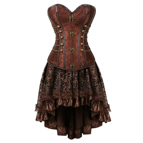 LEKODE Steampunk Corset Skirt Renaissance Corset Dress Gothic Overbust Corset and Skirt Set Corset with Skirt Womens Pirate Skirt Steam Punk Skirt Steampunk Corset Khaki M
