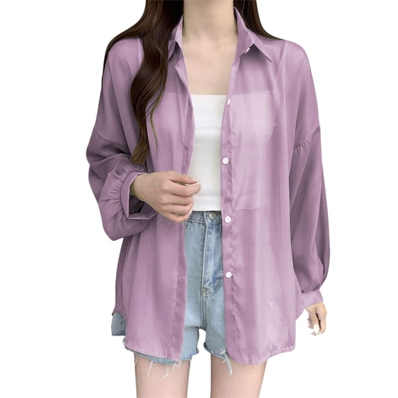 LEKODE Summer Cardigan Bikini Cover Up Women's Button Down Cardigan Open Front Cardigan Light Weight Cardigan Women Chiffon Cover Up Draped Front Open Sheer Cardigans Purple M