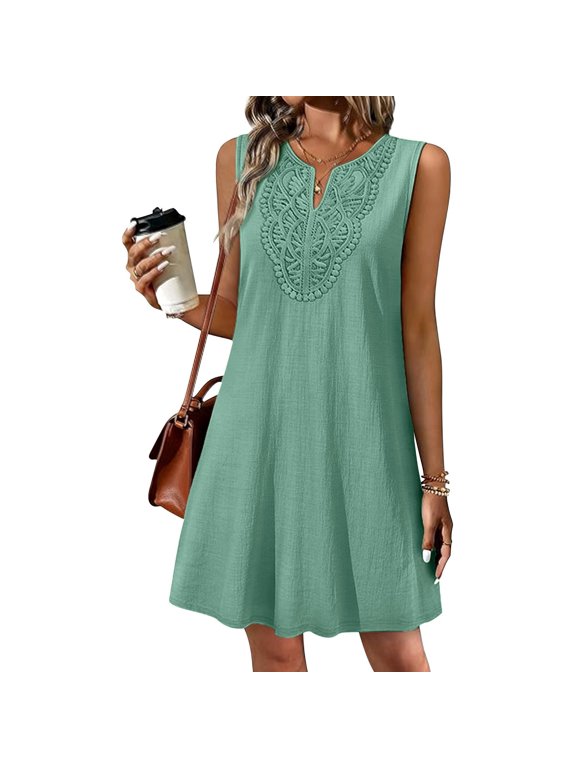 Summer Dresses for Women Sleeveless Casual Shift Dress Casual Midi Tank Dress Shirt Dresses for Women with Pockets Woven Dress Green L