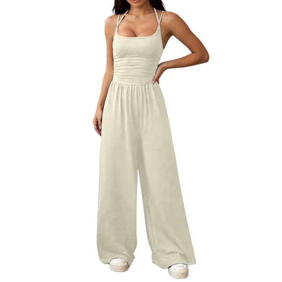 LEKODE Summer Jumpsuits Wide Leg Pants Rompers with Pockets Flowy Jumpsuits for Women Backless Jumpsuit Ruched Rompers Sleeveless Jumpsuits Womens Summer Outfits Beige L