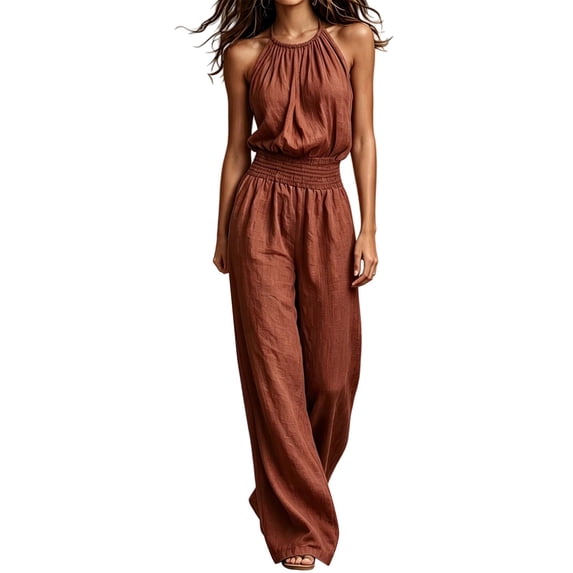 LEKODE Summer Jumpsuits for Women Cotton Linen Jumpsuits for Women Summer Spaghetti Strap Baggy Long Pants Rompers Sleeveless Jumpsuits Wide Leg Jumpsuit Casual Outfits for Women Brick Red S