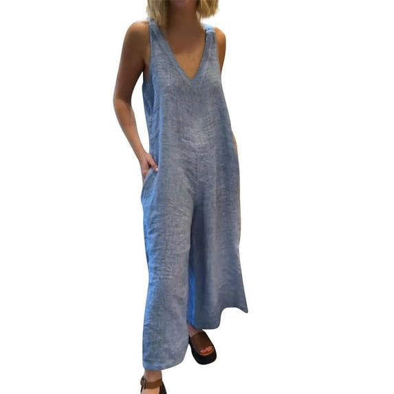 LEKODE Summer Overalls Womens Rompers for Summer Jumpsuits for Women 2 Piece Matching Summer Cotton Linen Sleeveless Jumpsuit Wide Leg Vest Jumpsuit Pocket Workout Sets for Women Blue L