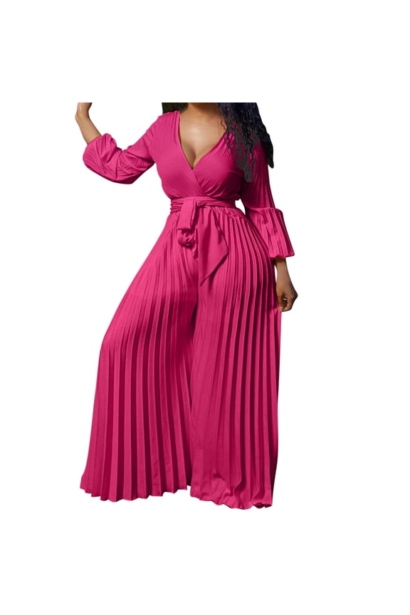 Summer Overalls Womens Rompers for Summer Jumpsuits for Women 2 Piece Pants Set for Women Summer Deep V Neck Long Sleeve Button Down Wide Leg Jumpsuit Romper 2 Piece Matching Summer Hot Pink M