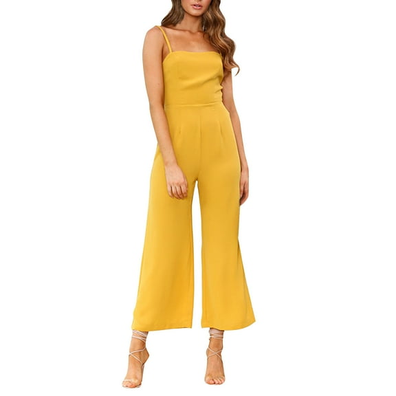 LEKODE Summer Overalls Womens Rompers for Summer Jumpsuits for Women Summer Work Outfits for Women Suspenders Wrapped Chest Zipper Jumpsuit Tunic Trousers Beach Vacation Clothes for Women Yellow Xl