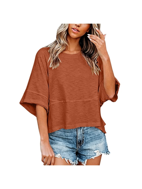 Summer Shirts Women Loose Fit Tunic Boxy Tee Shirts Plus Size Tops Drop Shoulder Tops Bell Sleeve Tops for Women Church Tops Tshirts for Women Brown XXL