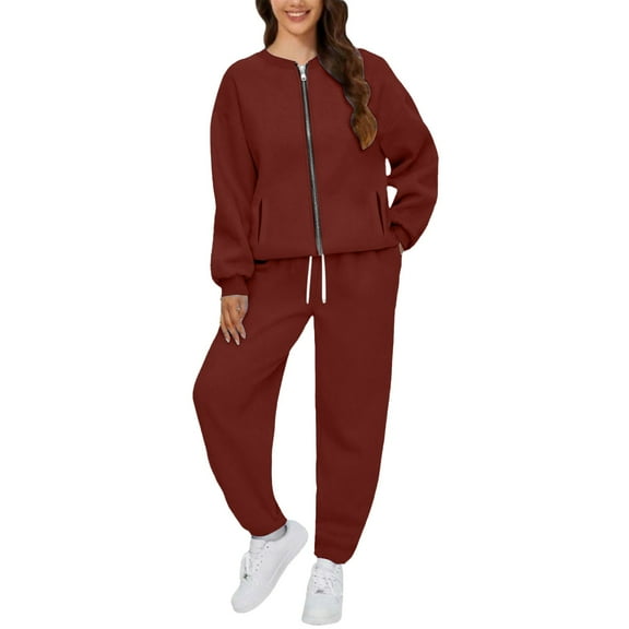 LEKODE Sweat Pants and Hoodie Set Women Matching Sweat Set Two Piece Tracksuit for Women Lounge Sets for Women Sports Jacket Sweatshirt with Pocket Hoodie Sets Matching Sets for Women Brick Red 2xl