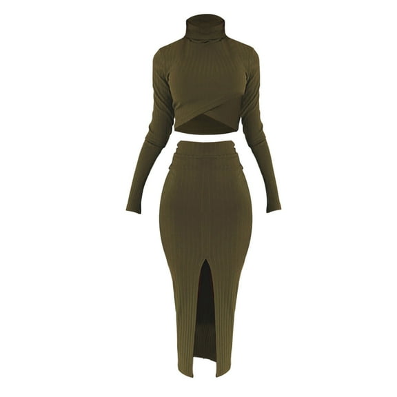 LEKODE Sweater Dresses for Women 2025 2 Piece Maxi Skirt Sets for Women Long Sleeve Dress for Women Two Piece Sets for Women Going Out Sweater Dress Two Piece Set Army Green L