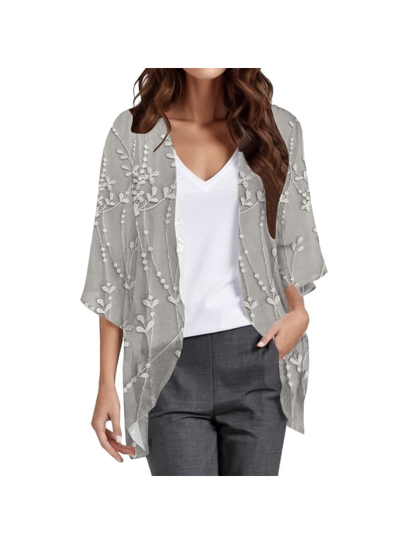 Thin Breathable Solid Sheer Chiffon Outer Cover Up for Women Open Front 3/4 Flare Sleeve Mid Loose Fit Everyday Resort Swim Casual Kimono Shrug Cardigan Gray L