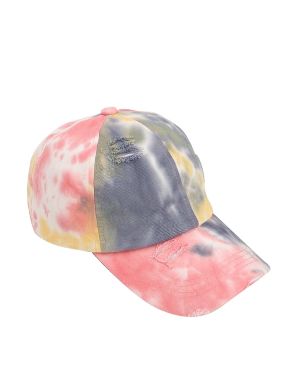 Tie Dye Distressed Ripped Cotton Dad Hat for Men Women, Colorful Pastel Tie Dye Unstructured Baseball Cap, Frayed Hole Cut Curved Brim Adjustable Strap Casual Outdoor Sun Cap Orange One Size