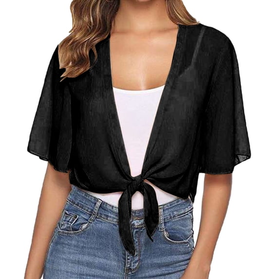 LEKODE Tie Front Short Sleeve Chiffon Bolero Shrug Womens Cropped Loose Fit Lightweight Summer Daily Layering Outer Tops A Black M