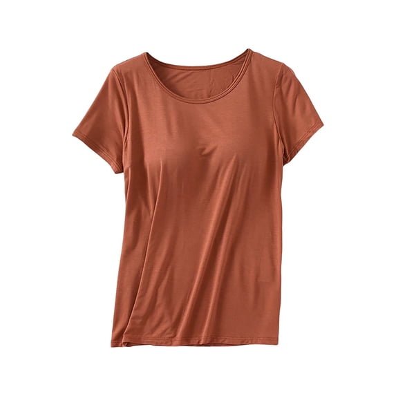 LEKODE Tshirts Shirts for Women Short Sleeve Tops Crew Neck Tshirt Plain Tees Gauze Tops Loose Fit Flowy Blouses Plus Size T Shirts Basic Tees Summer Yoga Shirt Breathable Ladies Summer Brown L
