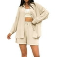 thumbnail image 1 of LEKODE Two Piece Sets for Women Lounge Sets for Women Fall Outfits for Women 2025 Two Piece Outfits Summer Set Button Down Shirt Drawstring Shorts Pockets 2 Piece Set Short Sleeve Blazer Beige L, 1 of 5