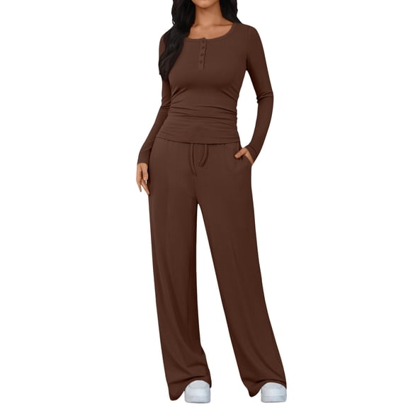 LEKODE Two Piece Suits for Women Womens Sweatshirts No Hood Fall Sets for Women Woman Tops Long Sleeve Casual Tops for Women Top Long Sleeve Cute Fall Top Coffee S