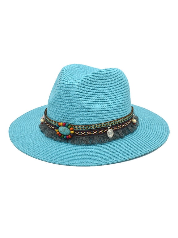 Unisex Bohemian Straw Fedora Hat, Widebrim Boho Sun Cap with Ethnic Woven Band, Turquoise Beads & Tassel Pendant, Lightweight Hat for Vacation Beach Music Festival Light Blue One Size