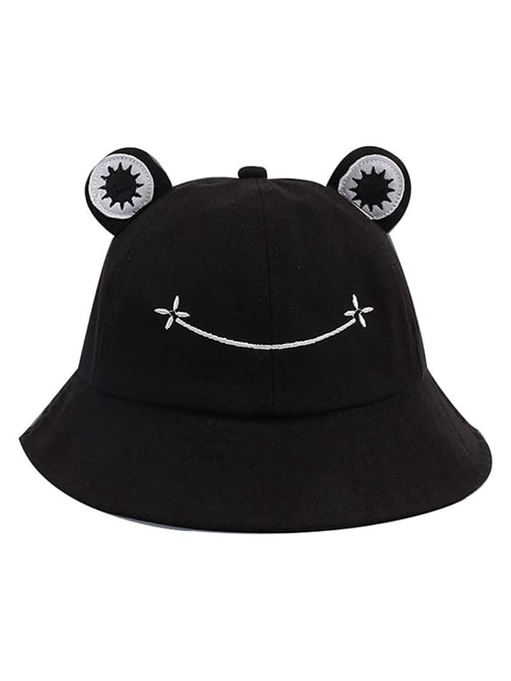 Unisex Cute Frog Bucket Hat, 3D Frog Ears with Smiley Embroidery, Wide Brim UV Protection Sun Fisherman Cap Outdoor Black One Size