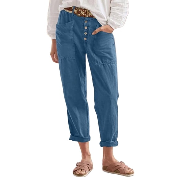LEKODE Utility Pants Women Straight Leg Button Front Casual Cargo Trousers Blue L
