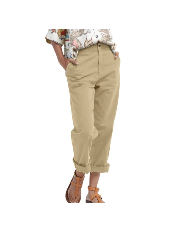 Utility Pants Women Straight Leg Button Front Casual Cargo Trousers Khaki M