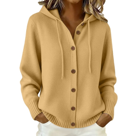 LEKODE V Neck Button Down Ribbed Knit Hooded Cardigan for Women Drawstring Long Sleeve Soft Loose Fit Spring Fall Layering Jacket with Side Pockets Khaki 4XL