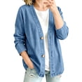 thumbnail image 1 of LEKODE V Neck Open Front Cardigan Jacket Long Sleeve Button Front Boyfriend Fit Side Pockets Casual Lightweight Shacket Blue L, 1 of 9