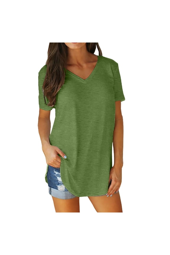 Oversized Loose Long Knit T Shirts for Women, Classic V Neck Regular Short Sleeve Curved Arc Hem with Side Split Lightweight Daily Vacation Casual Tee Green XXXXL
