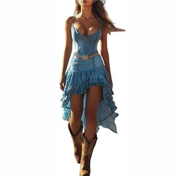 LEKODE Western Cowgirl Dress for Women Country Concert Dress Dresses to Wear with Cowboy Boots Maxi Dress Cocktail Dresses Lace Dress Corset Dress Blue Xl