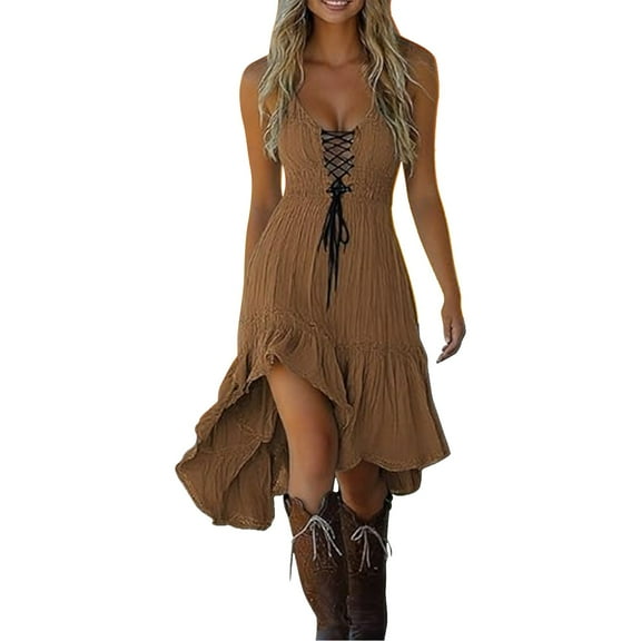 LEKODE Western Cowgirl Dress for Women Vestidos Vaqueros De Mujer Para Botas Boho Dress for Women Maxi Dress Summer Floral Dress Womens Dresses Cocktail Dress Coffee L
