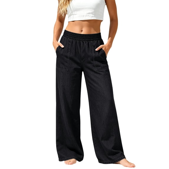 LEKODE Wide Leg Jeans Women Long Jeans Soft Jeans Beach Pants Casual Pants Comfy Pants Plus Size Jeans Denim Jeans for Women Work Pants Loose Jeans Trendy Pants Boho Pants Black L