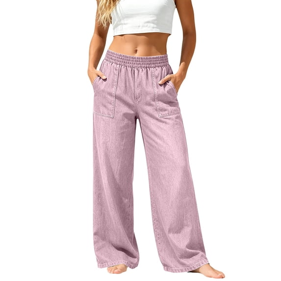 LEKODE Wide Leg Jeans for Women Trendy Pants Long Jeans Plus Size Jeans Beach Pants Soft Jeans Going Out Pants Boho Pants Casual Pants Loose Jeans Work Pants Comfy Pants Pink M