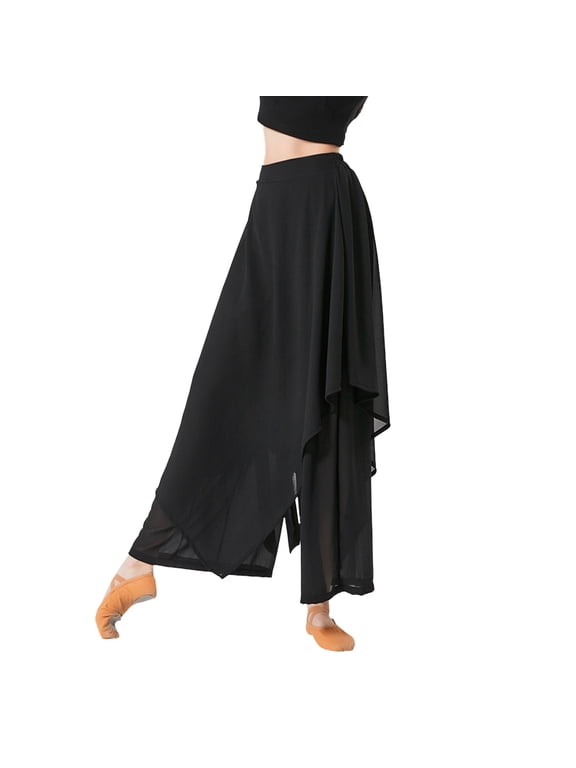 Wide Leg Lounge Pants for Women High Waist Flowy Chiffon Dance Pants Dressy Casual Double Layer Culottes Resort Wear Black XL