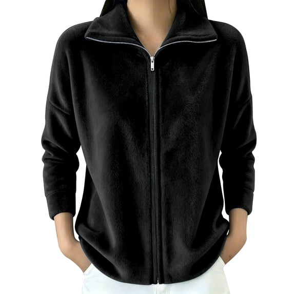 LEKODE Women Basic Casual High Collar Full-Zip Soft Polar Fleece Jacket Relaxed Long Sleeve Lightweight Coat with Side Pockets Plus Size Black 5XL