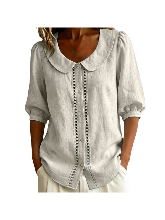 Women Button Down Shirt 3/4 Puff Sleeve Dressy Casual Summer Top White L