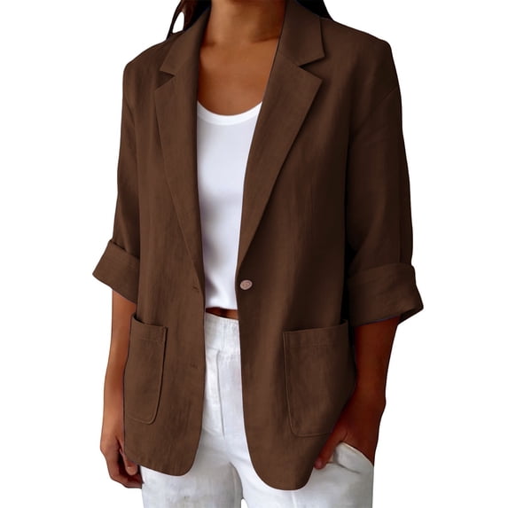 LEKODE Women Cotton Linen Single Button Blazer, Notched Lapel 3/4 Cuffed Roll Sleeve Loose Casual Suit Jacket with Dual Front Storage Pockets Brown L