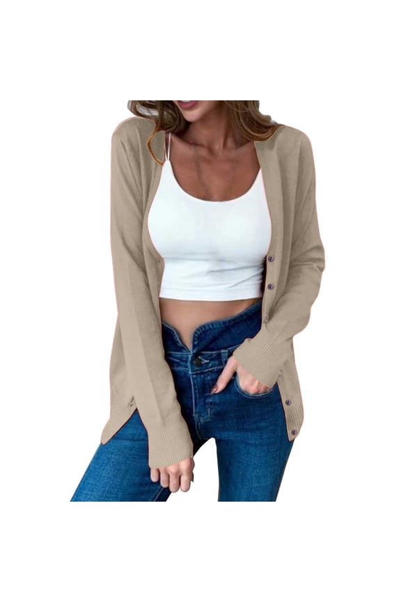 Women Crew Neck Long Sleeve Full Button Down Plain Soft Lightweight Knit Cardigan Ribbed Cuff Everyday Spring Office Casual Layering Sweater Outer Topper A Beige L