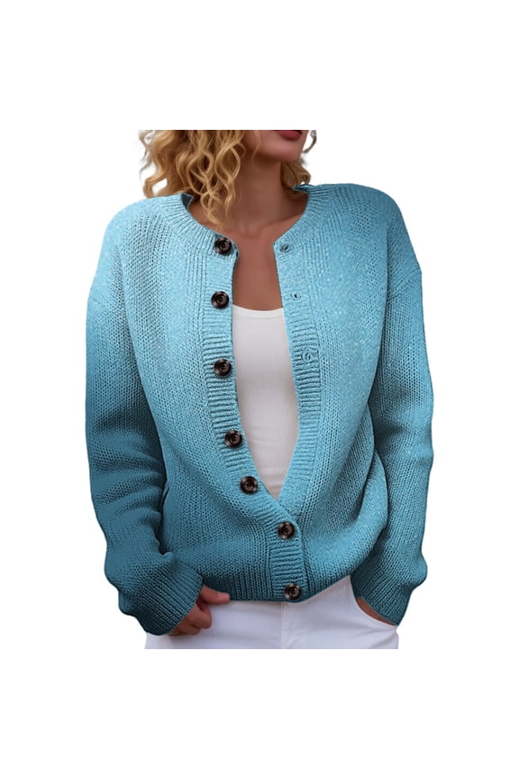 Women Crewneck Long Sleeve Gradient Tie Dye Knit Cardigan Full Button Down Loose Fit Casual Spring Fall Layering Sweater Outer with Side Pockets D Multi-color 3 XL
