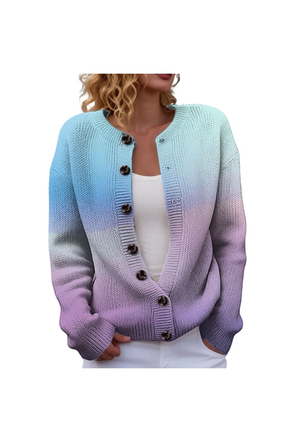 Women Crewneck Long Sleeve Gradient Tie Dye Knit Cardigan Full Button Down Loose Fit Casual Spring Fall Layering Sweater Outer with Side Pockets D Multi-color 1 L