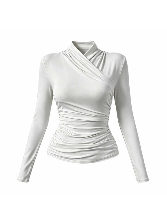 Women Cross Wrap T‑Shirts Long Sleeve Cinched Waist Blouse Twist Ruched Asymmetrical Casual Tee Tops White L
