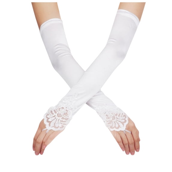 LEKODE Women Fingerless Satin Long Gloves, Elbow Length with Floral Lace Cuff & Finger Loop, Stretchy Formal Bridal Opera Party Accessories White One Size