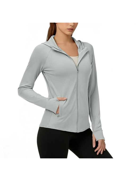 Women Full Zip Hooded Long Sleeve UPF 50+ UV Sun Protection Jacket Side Zipper Pockets Quick Dry Lightweight Outdoor Hiking Running Daily Athletic Swim Cover Up Topper B Gray XL